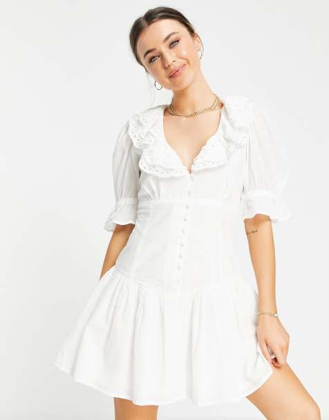ASOS DESIGN broderie trim button through mini tea dress in white - view 1