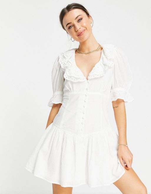 FhyzicsShops DESIGN broderie trim button through mini tea dress in white