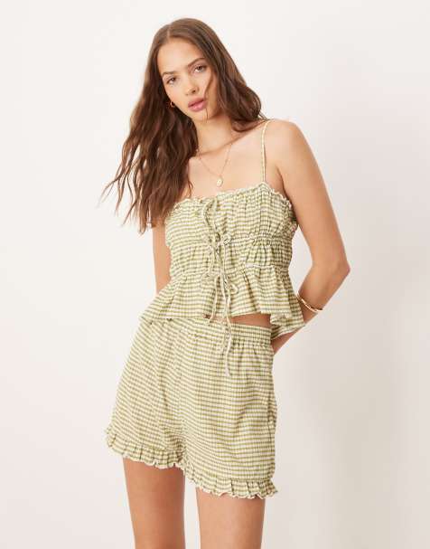 ASOS DESIGN broderie trim short co-ord in green gingham - view 1