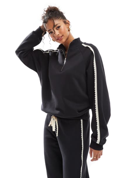 ASOS DESIGN broderie trim side stripe zip up top in black - view 1