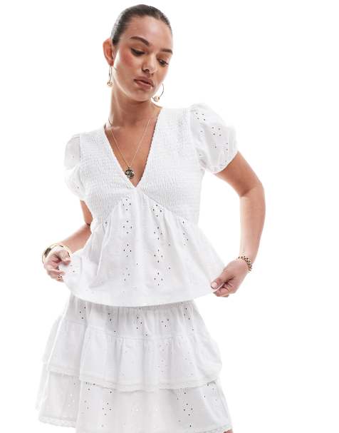 ASOS DESIGN broderie v neck blouse with shirring detail in white - view 1