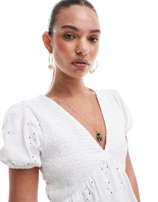 Asos Design Broderie V Neck Blouse With Shirring Detail In White