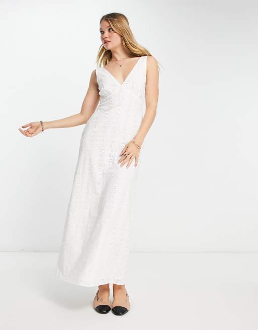 ASOS DESIGN broderie v neck maxi slip sundress in white