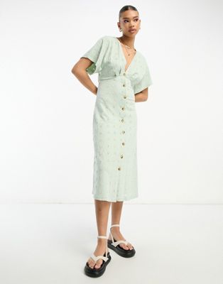 ASOS DESIGN broderie v neck midi dress with buttons in sage and cream contrast