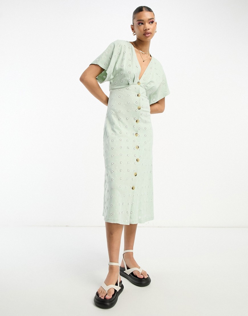 ASOS DESIGN broderie v neck midi dress with buttons in sage and cream contrast-Multi