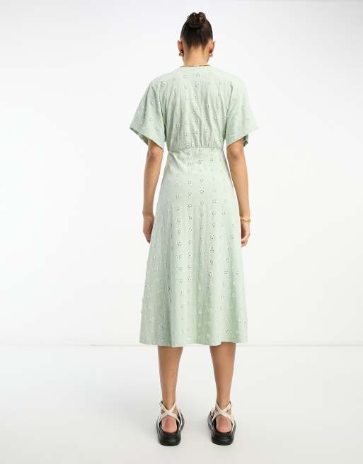 ASOS DESIGN broderie v neck midi dress with buttons in sage and