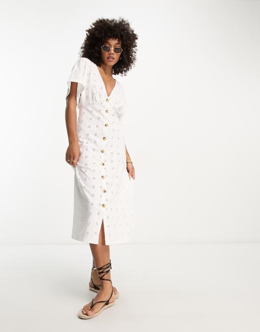 ASOS DESIGN broderie v neck midi dress with buttons in white ASOS