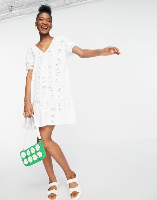 ASOS DESIGN broderie V-neck smock dress with puff sleeves in white | ASOS