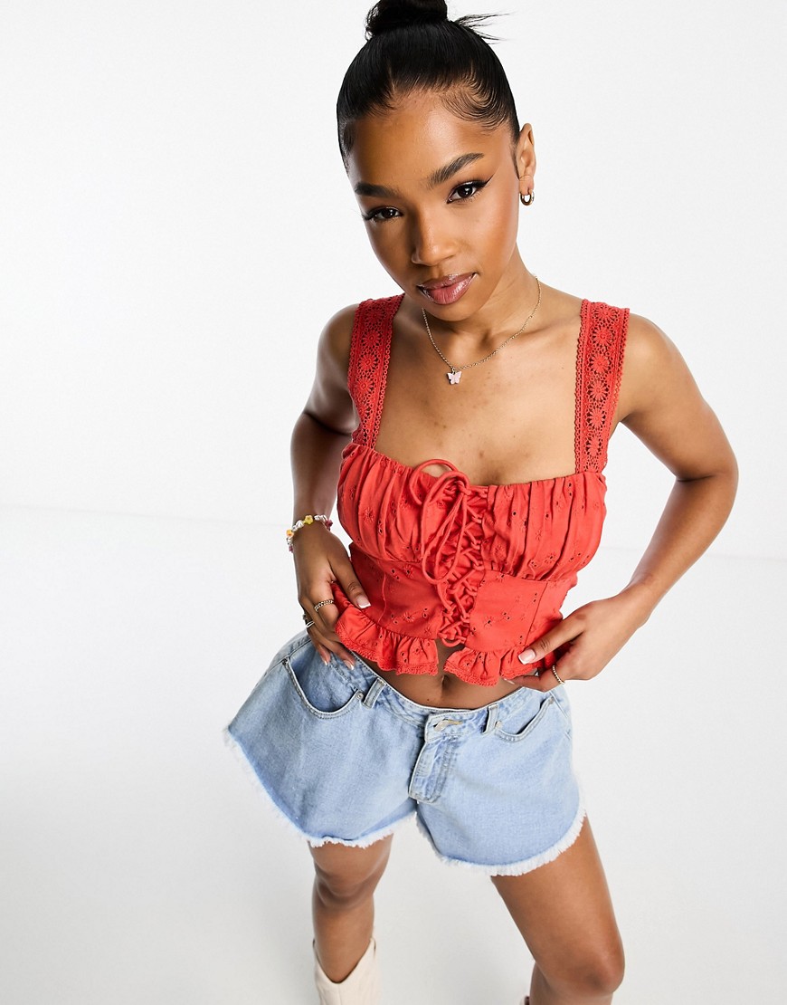 ASOS DESIGN broderie vest top with lace up front in red-Multi