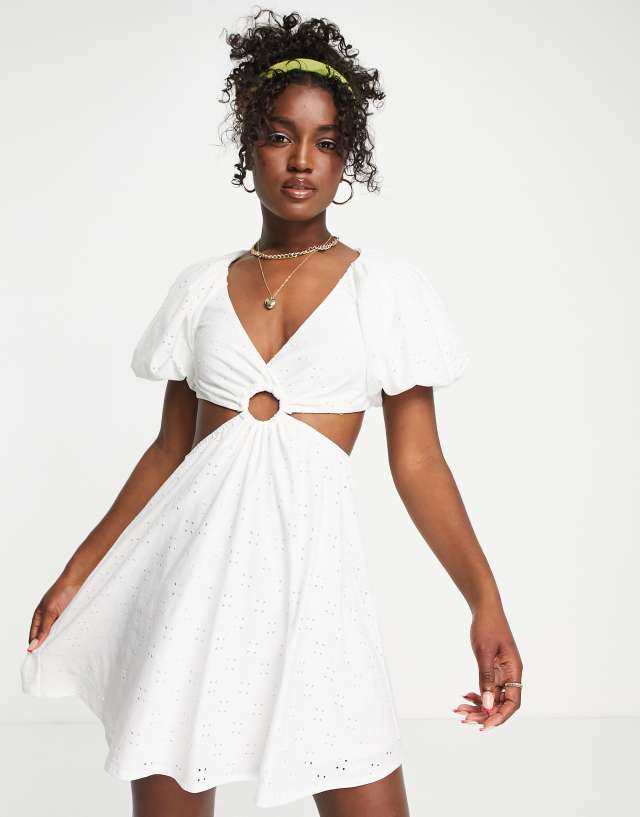 ASOS DESIGN broderie volume sleeve mini cut out dress in white