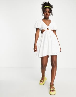 white cut out dress asos ASOS Design - Puff Sleeve Cut Out Detail Mini Dress - Women - Polyester - M