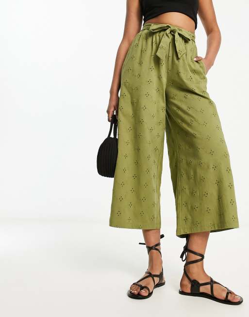 ASOS DESIGN broderie wide leg pants with tie belt in khaki