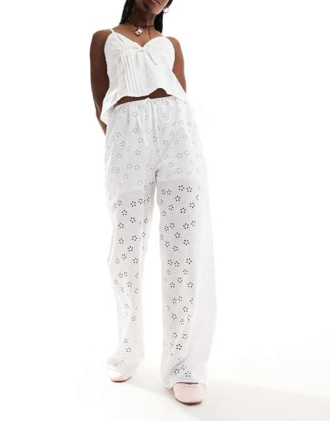 ASOS DESIGN broderie wide leg trouser in white - view 1