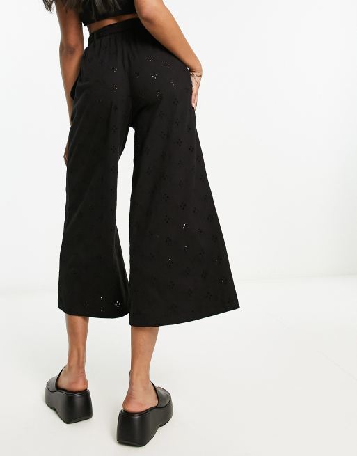 ASOS DESIGN broderie wide leg trouser with tie belt in black ASOS