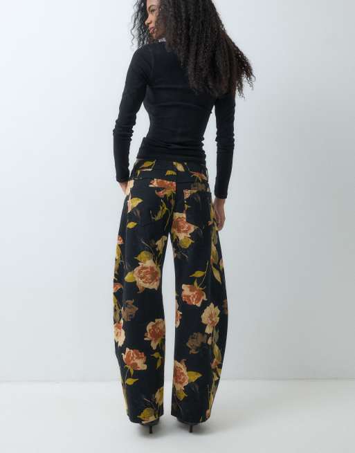 ASOS DESIGN broek met barrel leg en bloemenprint in zwart, 5 van 5