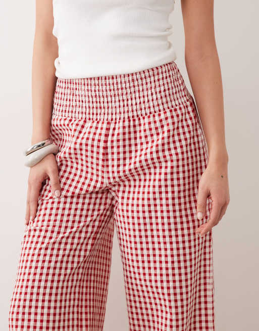 ASOS DESIGN - Broek met elastische gesmokte taille in rode gingham ruit, 3 van 5