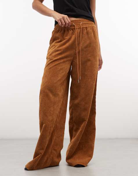 ASOS DESIGN broek met elastische taille en wijde pijpen van corduroy in lichtbruin - view 1