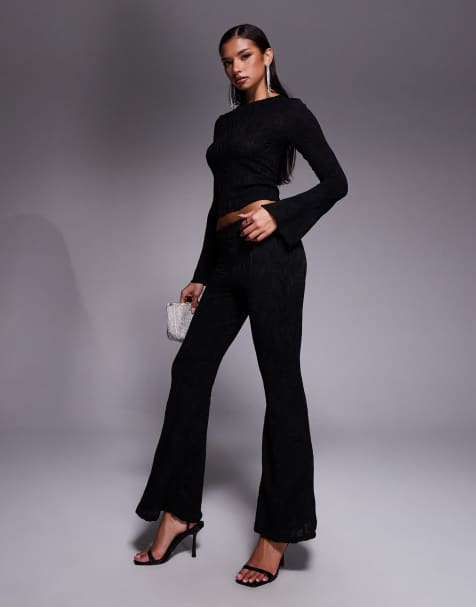 ASOS DESIGN - Broek met hoge taille, textuur en uitlopende pijpen in zwart, deel van co-ord set - view 1