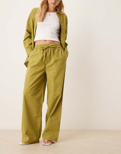 ASOS DESIGN - Broek met linnenlook en elastische taille in olijfgroen, deel van co-ord set, 3 van 5