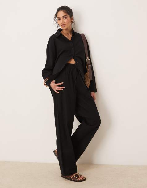 ASOS DESIGN - Broek met linnenlook en elastische taille in zwart, deel van co-ord set - view 1