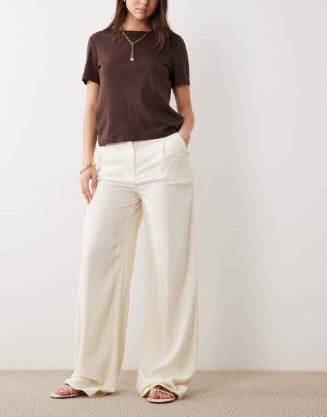 ASOS DESIGN - Broek met linnenlook, wijde pijpen en plooien in crème - view 1