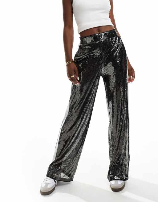 ASOS DESIGN - Broek met lovertjes en contrasterend paneel in grijs