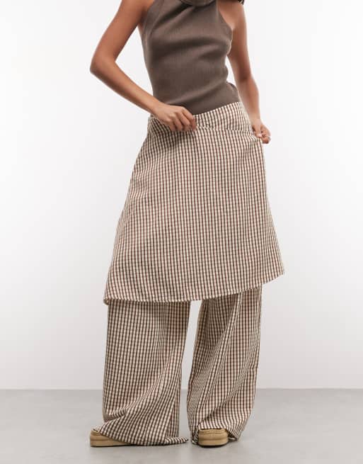ASOS DESIGN broek met rechte pijpen en rokdetaillering in bruine ruit, 2 van 5