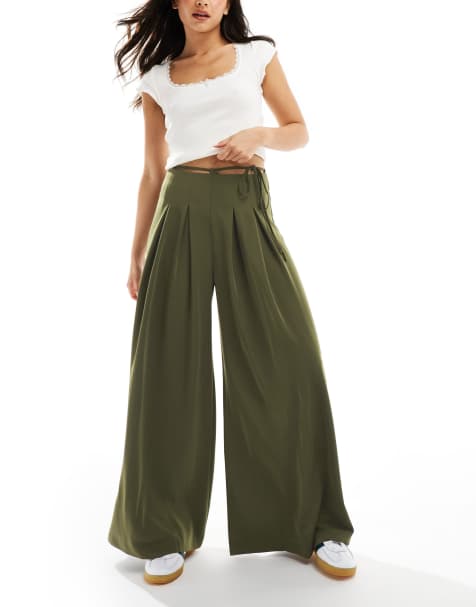 ASOS DESIGN - Broek met strikceintuur en superwijde pijpen in kaki - view 1