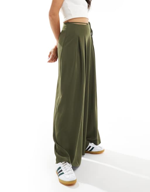 ASOS DESIGN - Broek met strikceintuur en superwijde pijpen in kaki, 3 van 5