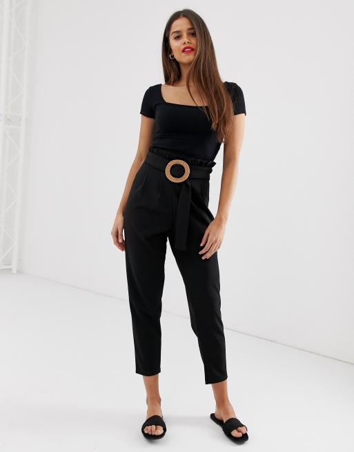 ASOS DESIGN - Broek met taille met plooirand en rotan riem