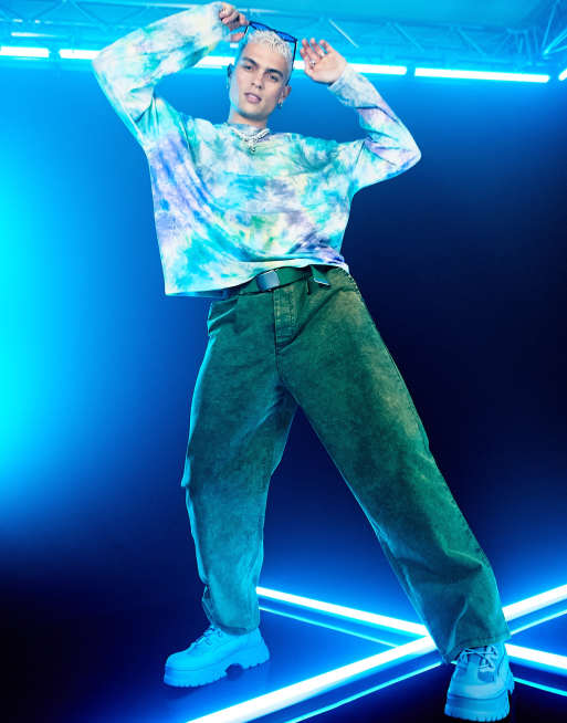 ASOS DESIGN - Broek met wijde pasvorm en plooien in acid wash