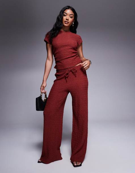 ASOS DESIGN - Broek met wijde pijpen, elastische taille en textuur in bruin - view 1