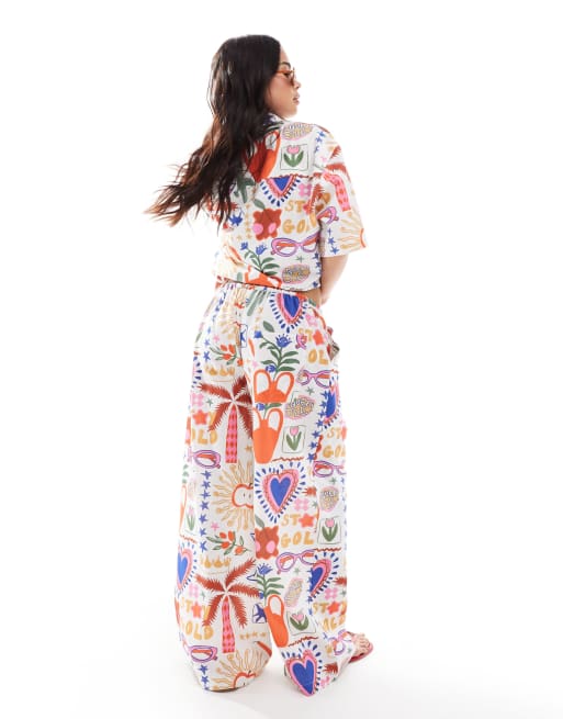 ASOS DESIGN - Broek met wijde pijpen en elastische taille in cactusprint, deel van co-ord set, 3 van 4