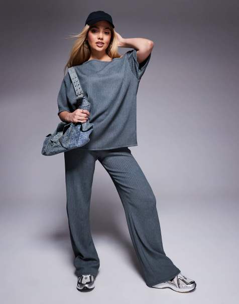 ASOS DESIGN - Broek met wijde pijpen en gekreukte textuur in leisteengrijs, deel van co-ord set - view 1