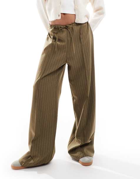 ASOS DESIGN - Broek met wijde pijpen en krijtstreep in olijfgroen - view 1