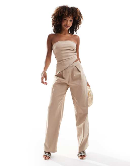 ASOS DESIGN - Broek met wijde pijpen en krijtstreep in stone, deel van co-ord set