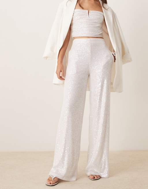 ASOS DESIGN - Broek met wijde pijpen en lovertjes in wit, deel van co-ord set, 4 van 5