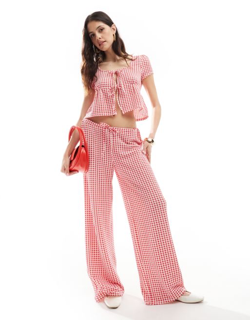 ASOS DESIGN - Broek met wijde pijpen en plooien in rode gingham ruit
