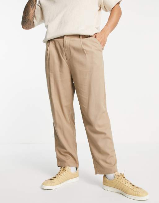 ASOS DESIGN - Broek met wijde pijpen en plooien van linnenmix in beige