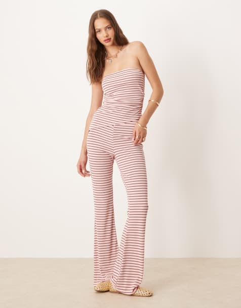 ASOS DESIGN - Broek met wijde pijpen en strikdetail in roze met donkerbruine strepen, deel van co-ord set - view 1