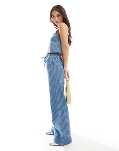 ASOS DESIGN - Broek met wijde pijpen, gestrikte voorkant en geborduurde strepen in blauw, deel van co-ord set - view 1
