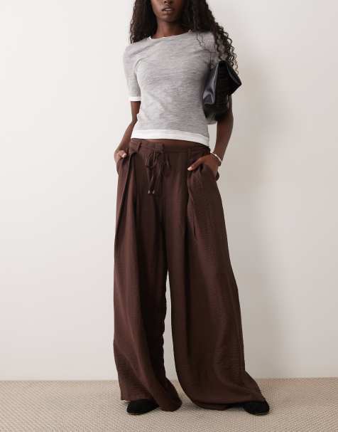 ASOS DESIGN - Broek met wijde pijpen, textuur en gestrikte taille in chocoladebruin - view 1