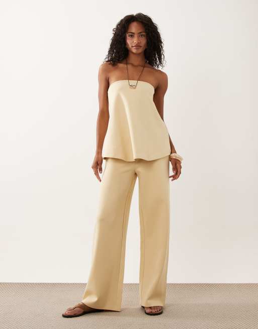 ASOS DESIGN - Broek met wijde pijpen van co-ord set met interlocknaden in lichtgeel, 2 van 5