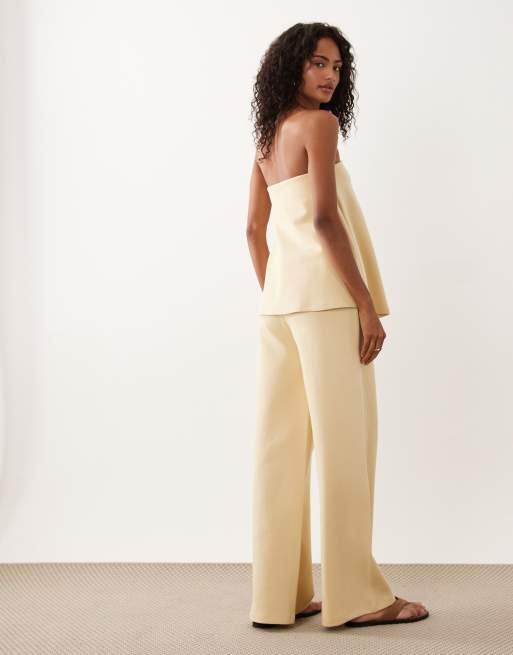ASOS DESIGN - Broek met wijde pijpen van co-ord set met interlocknaden in lichtgeel, 4 van 5
