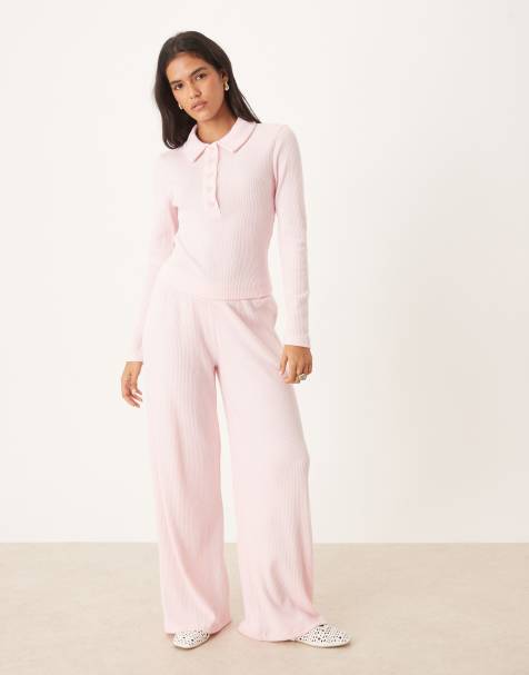 ASOS DESIGN - Broek met wijde pijpen van geborstelde ribstof in roze, deel van co-ord set - view 1