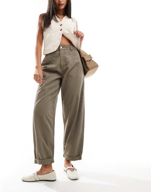 ASOS DESIGN - Broek met wijde rechte pijpen en omgeslagen zomen in olijfgroen