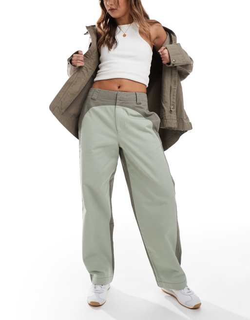 ASOS DESIGN - Broek met wijde ronde pijpen en kleurvlakken in kaki