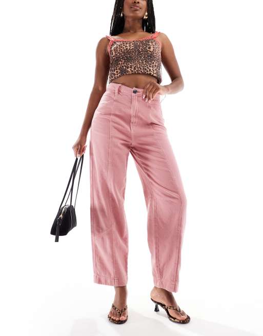 ASOS DESIGN - Broek met wijde ronde pijpen en siernaden in donkerroze