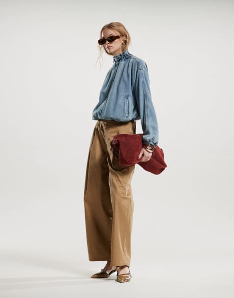ASOS DESIGN - Broek met wijde ronde pijpen en zakken in camel - view 1