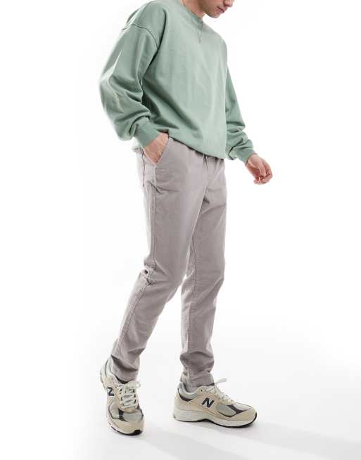 ASOS DESIGN - Broek van corduroy met toelopende pasvorm en elastische taille in grijs, 3 van 5